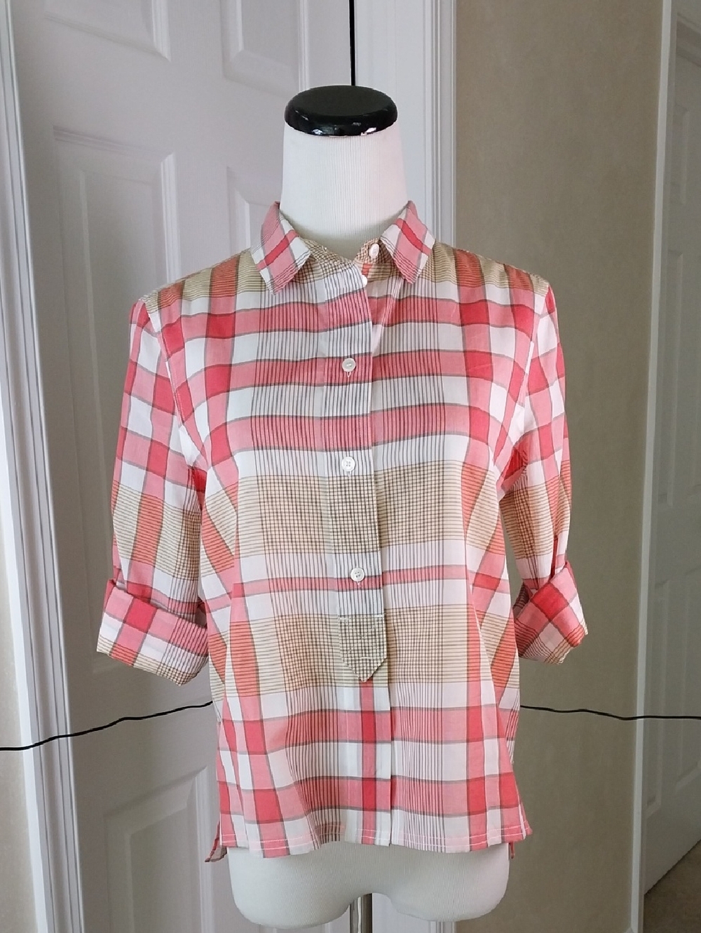 Burberry Plaid Button-Up Shirt in Coral, White & Tan